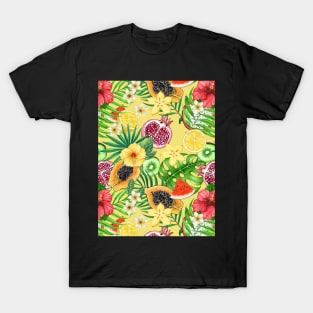 Tropical mix-fruit, flowers and leaves on yellow T-Shirt